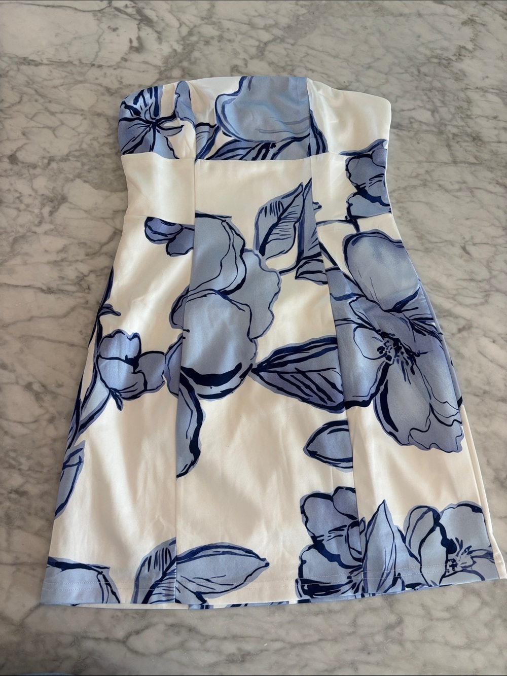 Strapless White Dress with Blue Floral Print